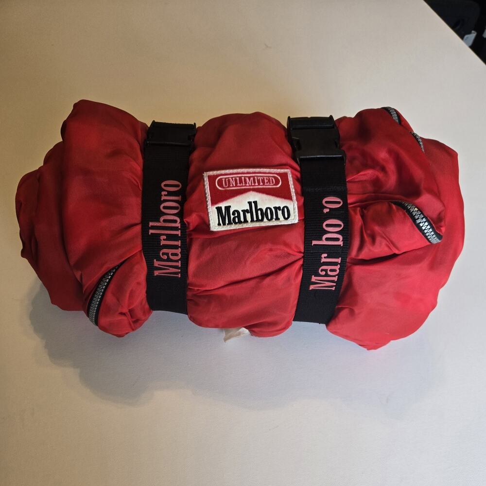 Vintage Marlboro Unlimited Sleeping Bag Red Buffalo Plaid Lining Cigarette Burns